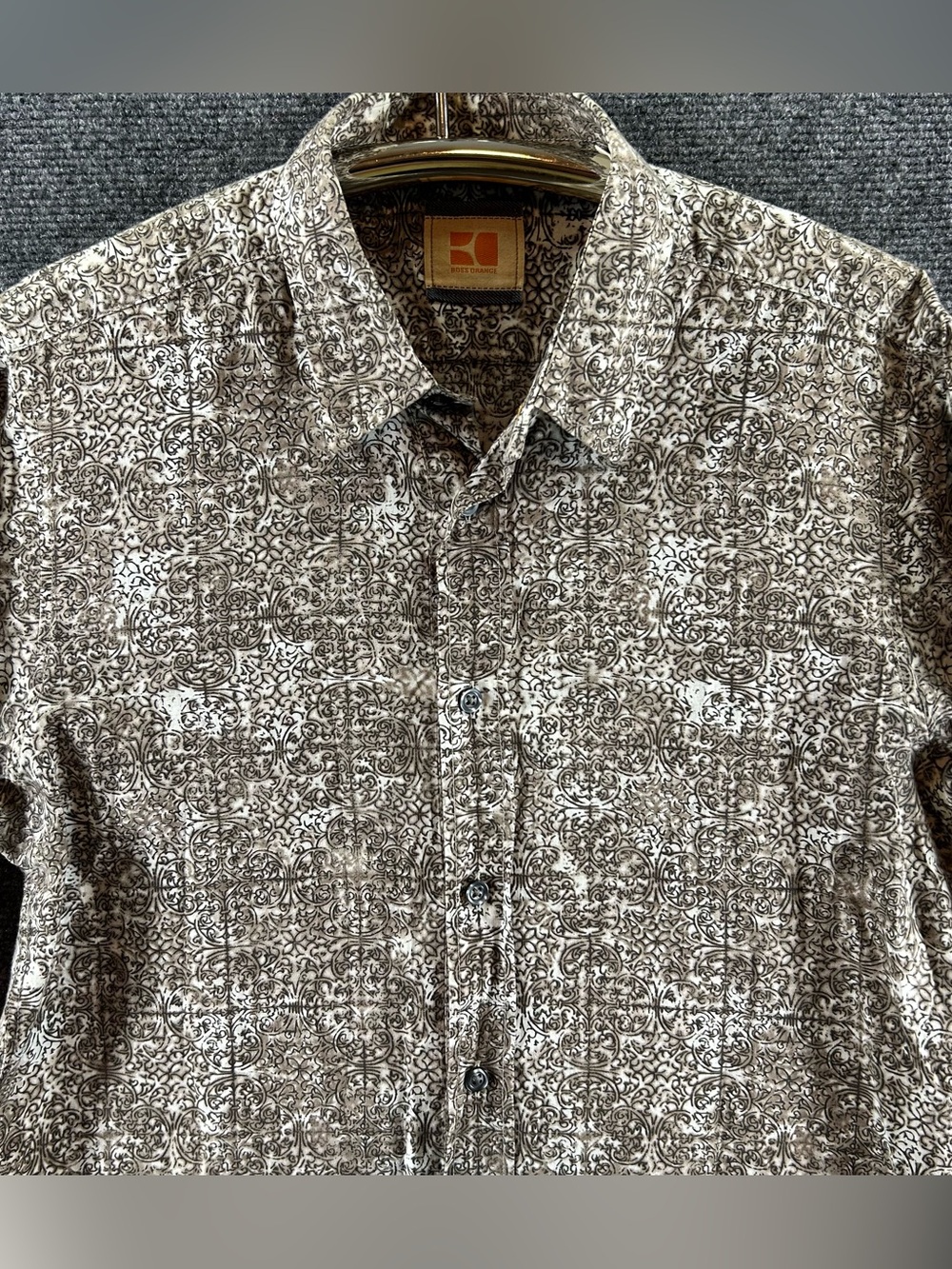Hugo Boss Orange Dress Shirt Mens S‎ Slim Fit Damask/Baroque Pattern 100% Cotton